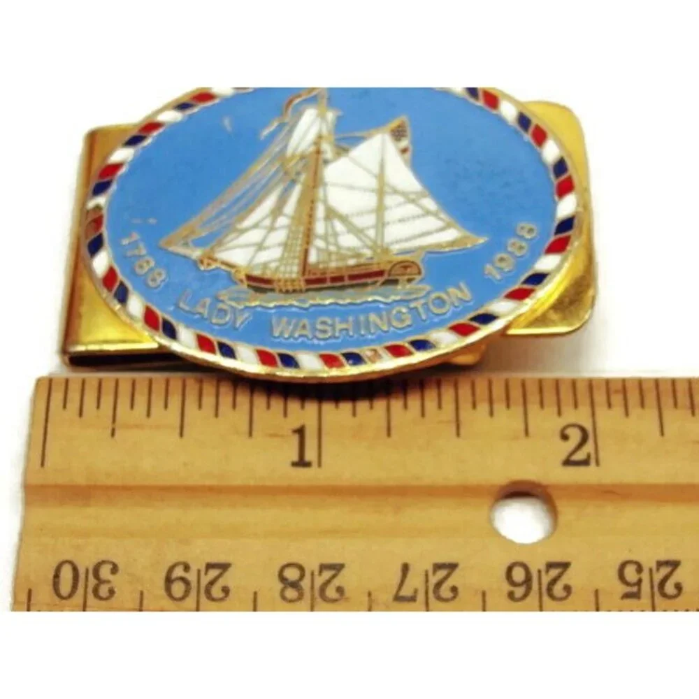 Lady Washington Ship Money Clip Red White Blue GoldT Vtg Cash Holder Credit Card